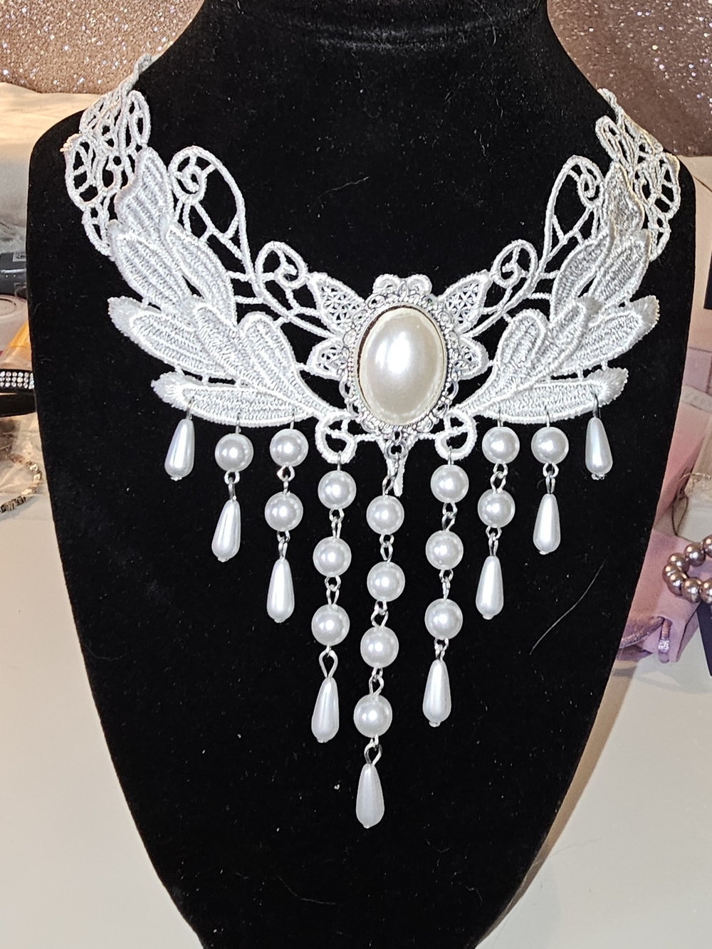 White Lace Pearl Fringe Statement Necklace